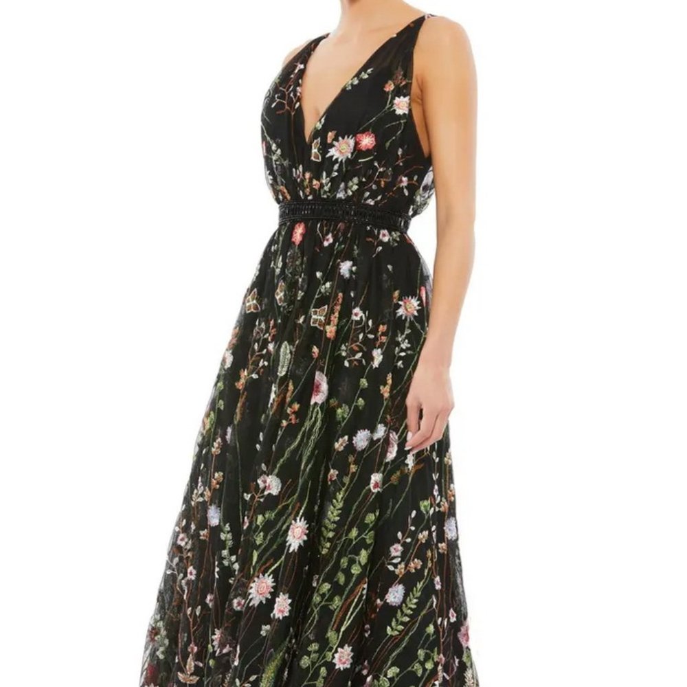 Mac Duggal Black Multi Floral Embroidered Mesh Midi Cocktail Dress